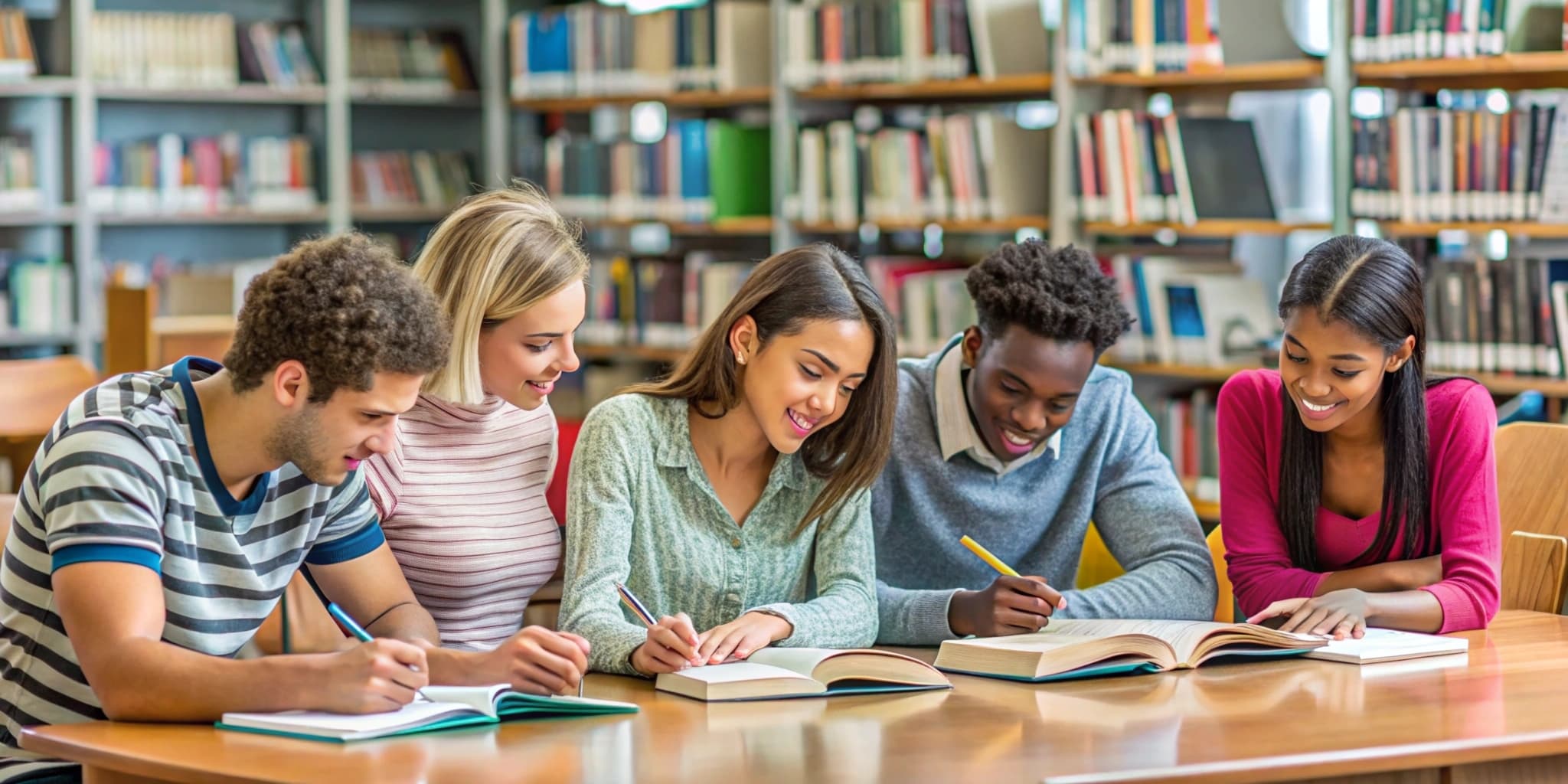 Student studying at desk with books and laptop